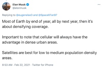 Elon Musk's Twitter post, outlining the company's plans for expanding coverage.